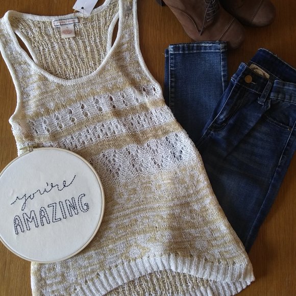 Flying Tomato | Fancy Knit Racerback Tan and White Tank | S | New - Picture 1 of 13